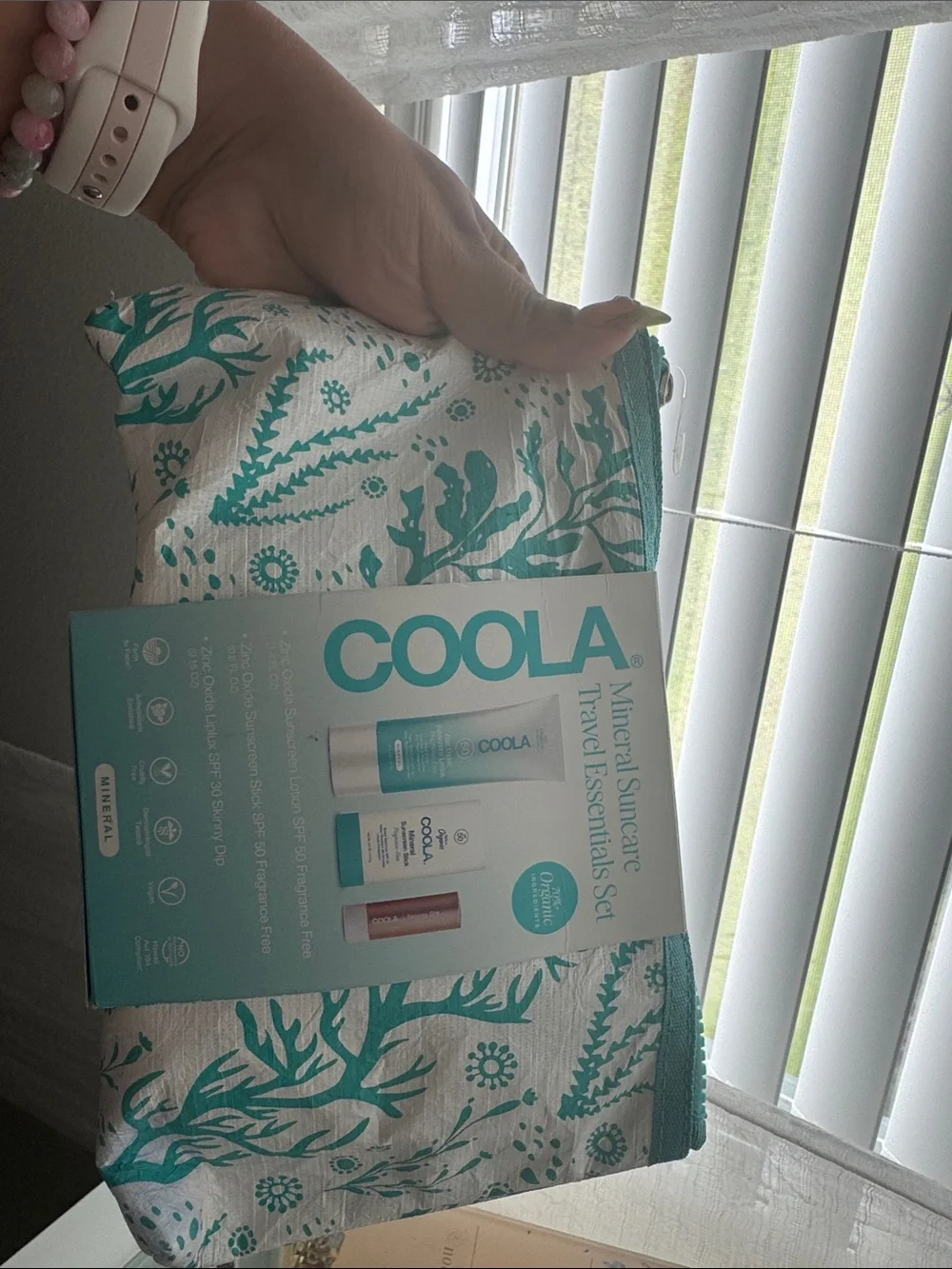 COOLA Travel Skincare Set with Teal & White Printed Pouch